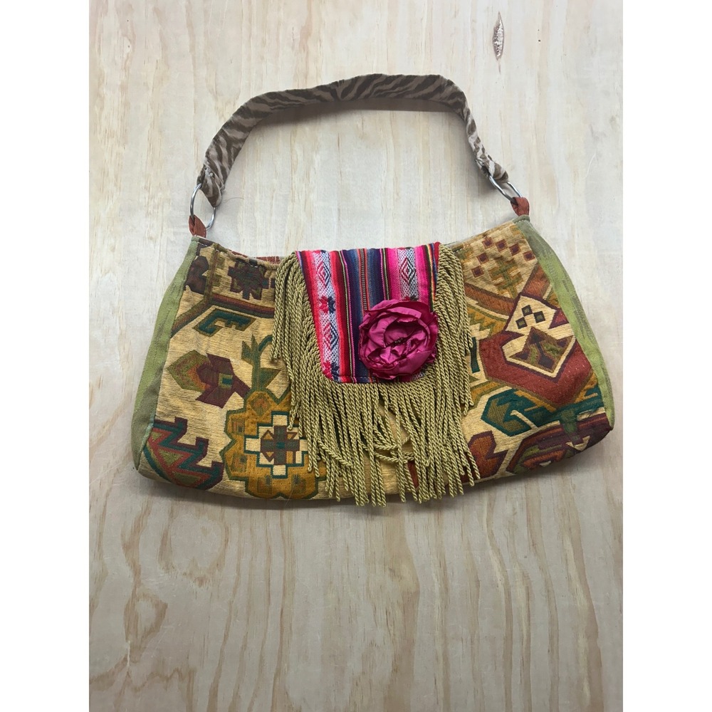 Keep It‎ Gypsy Boho Hobo Bag Tapestry Fringe Floral Zebra Strap Green Multi